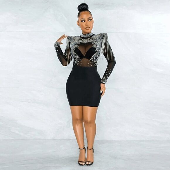 ✨💎 Sexy Rhinestone Embellished Mesh Nightclub Bodycon Party Sparkly Dress S NEW - Picture 4 of 17